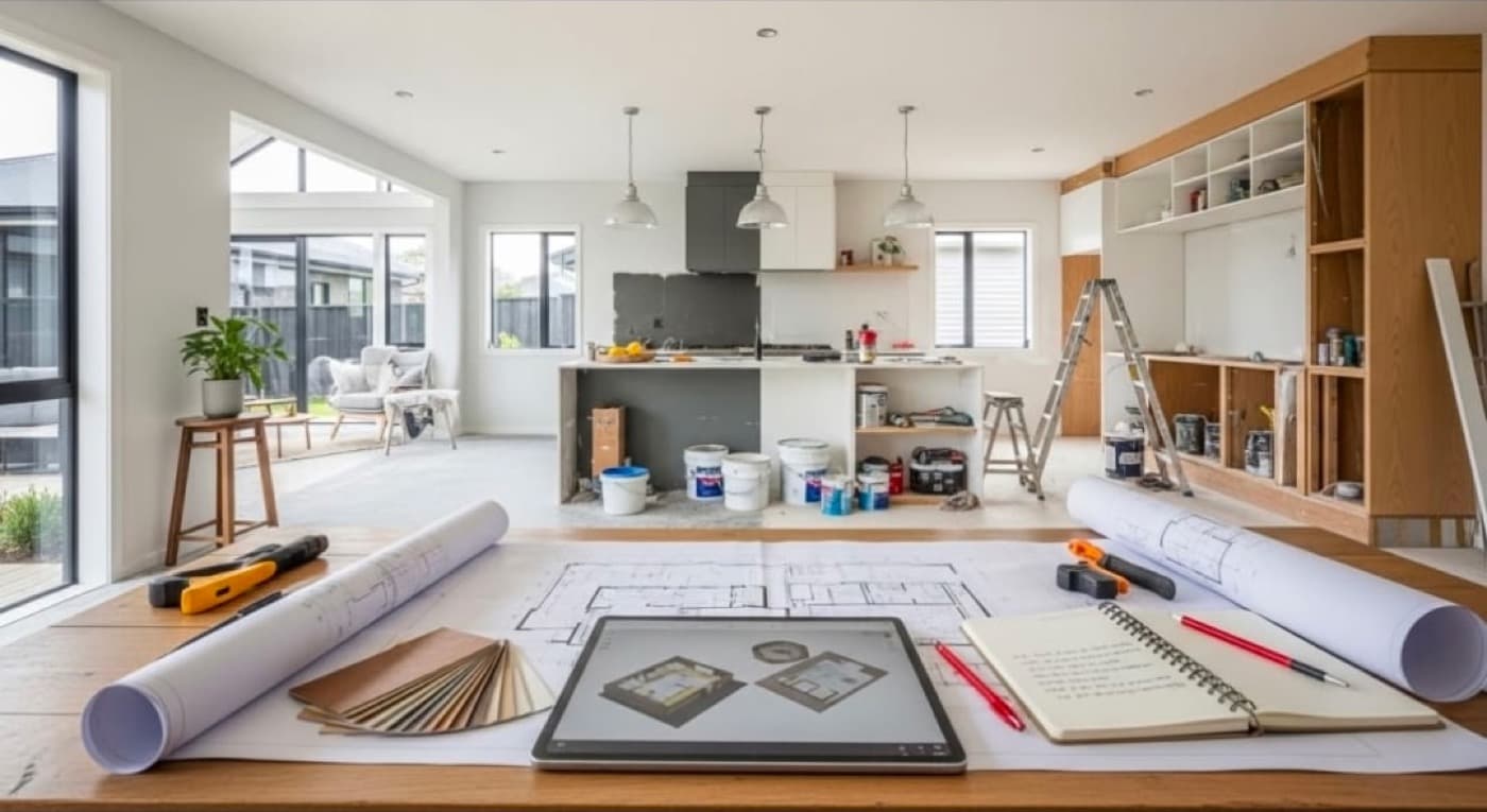Floor plans, finish samples and a 3D model on the table during a whole-home renovation